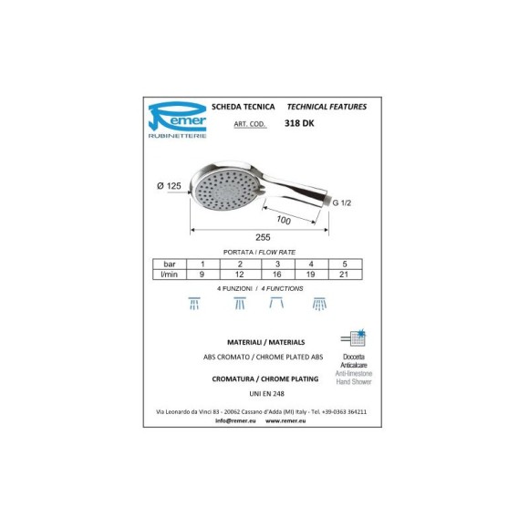 Remer Душевая лейка d125 мм 318DK, цвет: хром