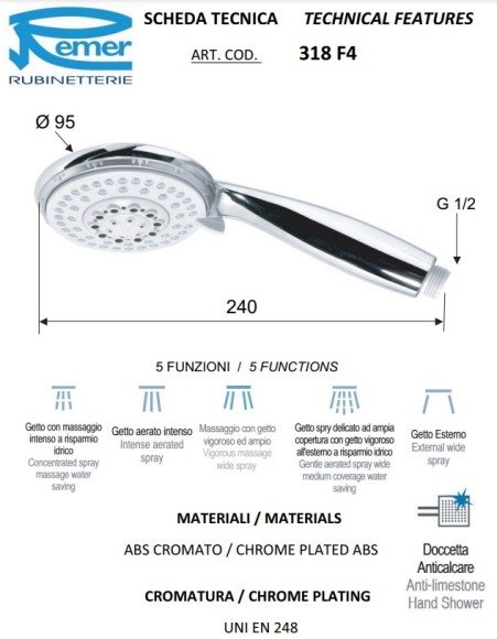 Remer Душевая лейка d95 мм 318F4X, цвет: хром