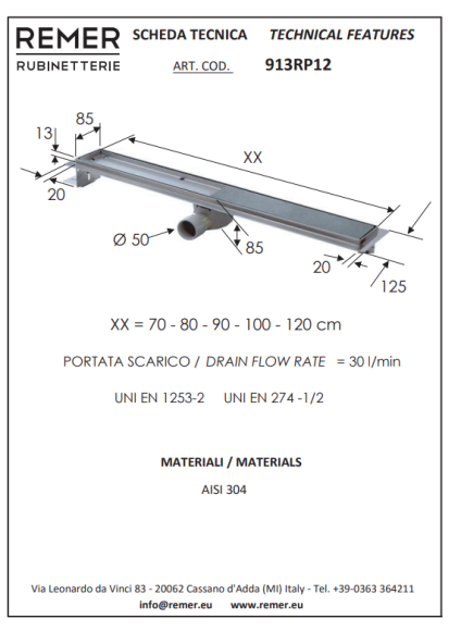 Remer Напольный желоб 70см 913RP1270, цвет: нержавеющая сталь Remer Напольный желоб 70см 913RP1270, цвет: нержавеющая сталь