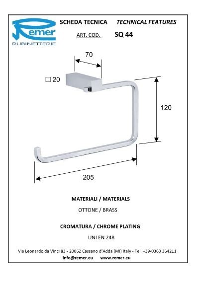 Remer Держатель для полотенца - кольцо 205 мм SQ SQ44CR, цвет: хром