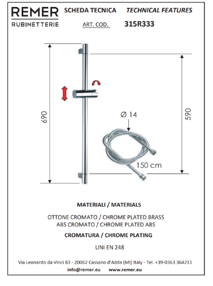 Remer Душевая штанга Minimal 315R333, цвет: хром Remer Душевая штанга Minimal 315R333, цвет: хром
