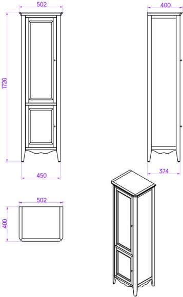 Tiffany World Колонна напольная с 2-мя дверцами, 3-мя стеклянными полками, доводчиками blum, ручки бронза, dx - петли справа, Veronica Nuovo, bianc VER2050D-B