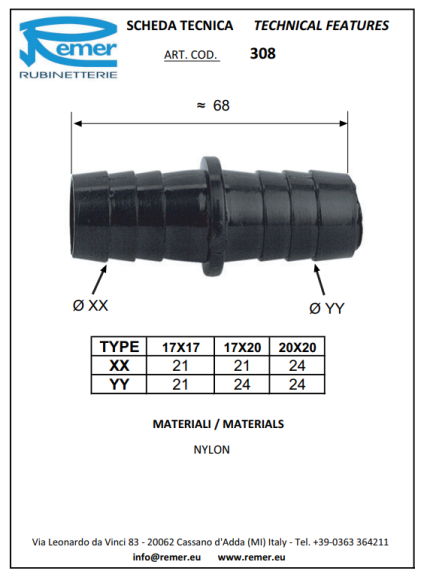 Remer Соединитель нейлоновый для сливных шлангов 3081717 Remer Соединитель нейлоновый для сливных шлангов 3081717