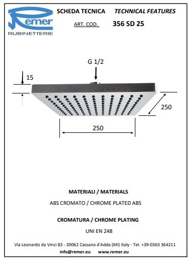 Remer Верхний душ 250*250 мм 356SD25X цвет: хром Remer Верхний душ 250*250 мм 356SD25X цвет: хром