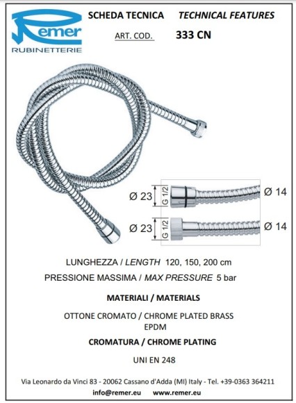 Remer Душевой шланг 120 см 333CN120NP, цвет: никель