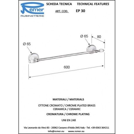 Remer Держатель для полотенца 600 мм Epoca EP30CR, цвет: хром