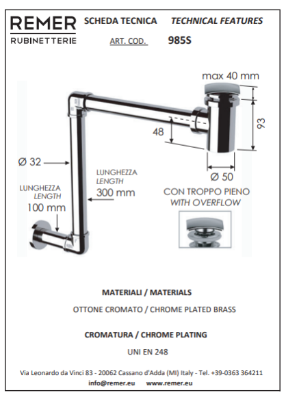 Remer Сифон для раковины 985S, цвет: хром