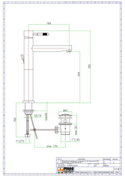 Fiore Высокий однорычажный смеситель для раковины с донным клапаном, Xenon, 44CR5291 цвет: хром