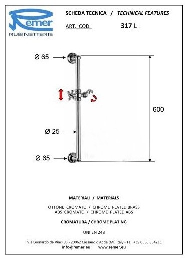 Remer Душевая штанга 600 мм Minimal 317L, цвет: хром Remer Душевая штанга 600 мм Minimal 317L, цвет: хром