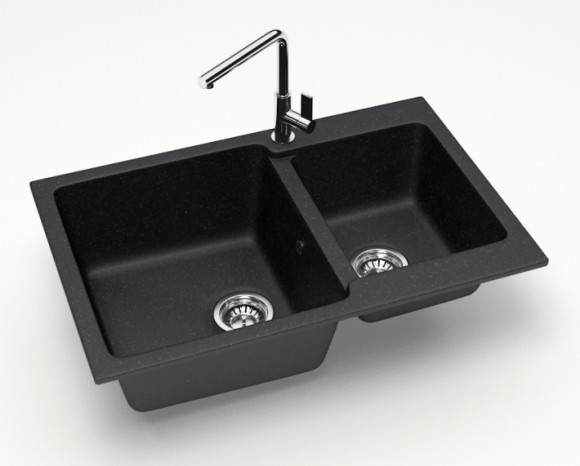 Azario Кухонная мойка Grand 765х500х190 двойная, искусственный мрамор, черная Grand арт. CS00079903