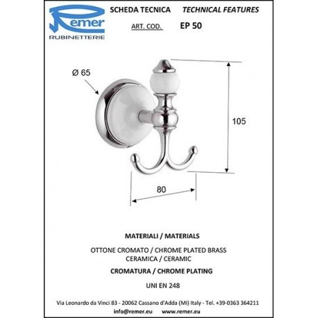 Remer Крючок для халата | полотенца Epoca EP50CR, цвет: хром