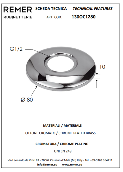 Remer Отражатель 1/2 Minimal 130OC1280, цвет: хром Remer Отражатель 1/2 Minimal 130OC1280, цвет: хром