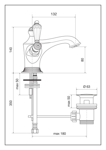 Emmevi смеситель с донным клапаном для раковины, черные кристаллы swarovski, The One, золото арт. 98003LCSWNEOA