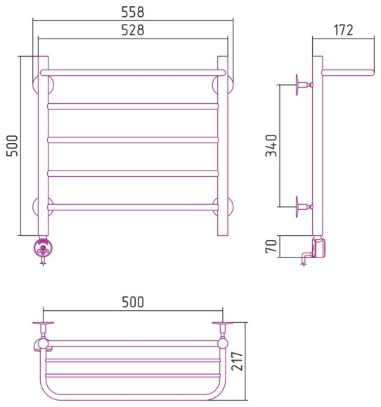 Электрический полотенцесушитель Формат 20 ТЛ 500х500 (Полка + 4) П16 (без покрытия) Стилье арт. 00521-5050 Электрический полотенцесушитель Формат 20 ТЛ 500х500 (Полка + 4) П16 (без покрытия) Стилье арт. 00521-5050