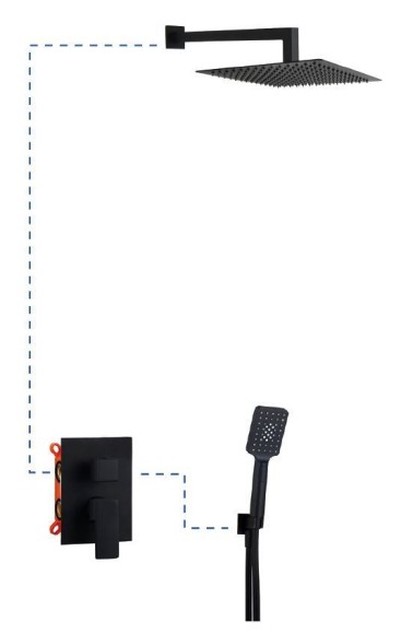 AQG Душевой комплект ec209 на 2 потребителя: с квадратным верхним душем 25х25 см и кронштейном 35 см, Bold, черный матовый арт. 19BOLEC20905