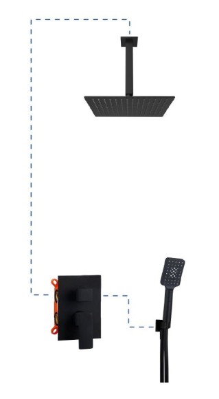 AQG Душевой комплект eс217 на 2 потребителя: с квадратным верхним душем 25х25 см и потолочным кронштейном 35 см, Bold, черный матовый арт. 19BOLEC21705