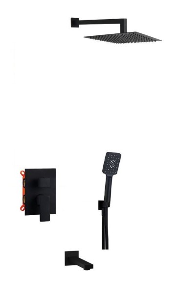 AQG Душевой комплект ec316 на 3 потребителя, с квадратным изливом, с квадратным верхним душем 25х25 см и кронштейном 35 см, Bold, черный матовый арт. 19BOLEC32105