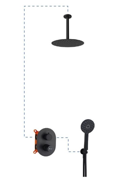 AQG Душевой комплект er217 на 2 потребителя: с круглым верхним душем 25 см и потолочным кронштейном 20 см, Tube, черный матовый арт. 19TUBER21705